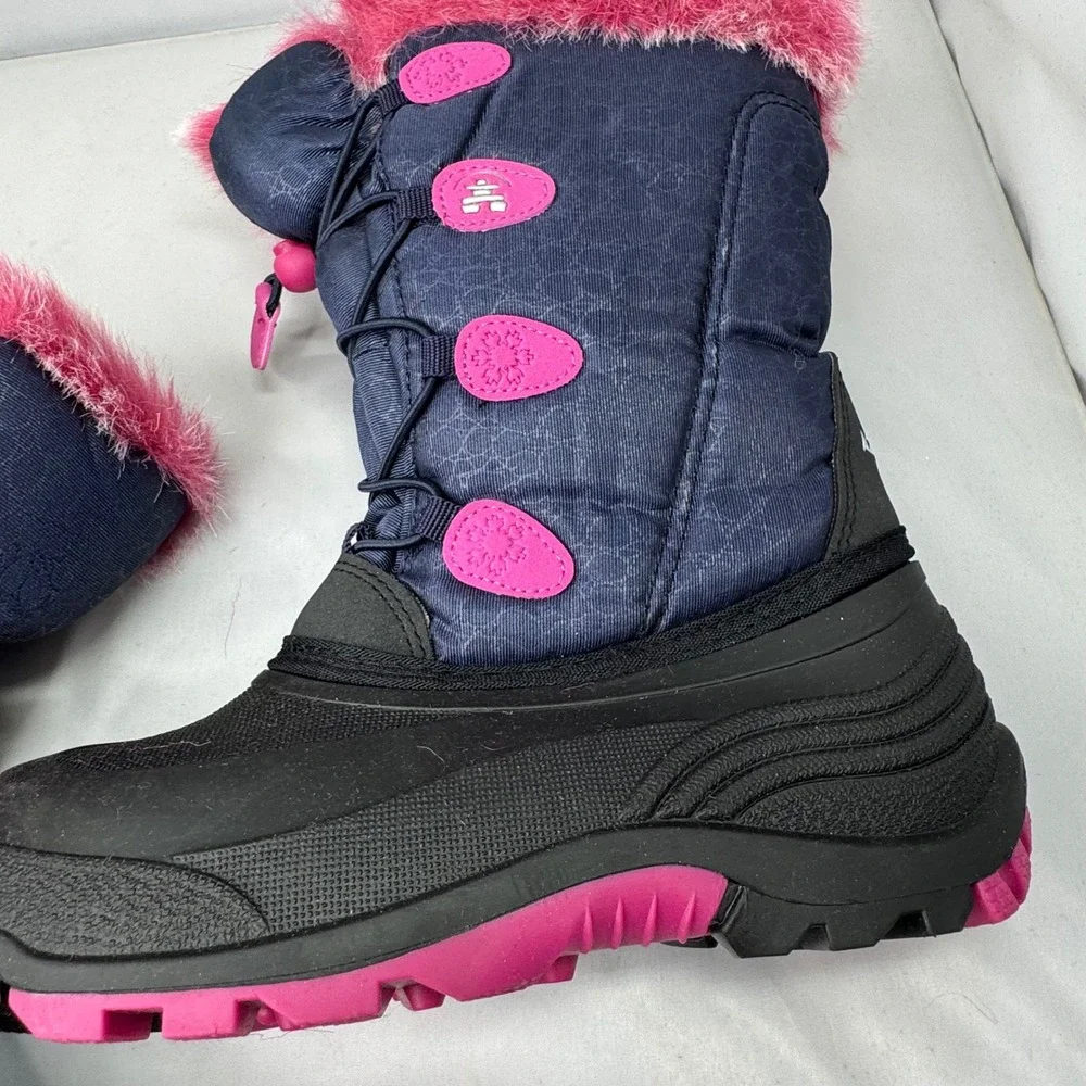Kamik Snow Boots Kids Size 3 Navy Pink Faux Fur Winter Waterproof